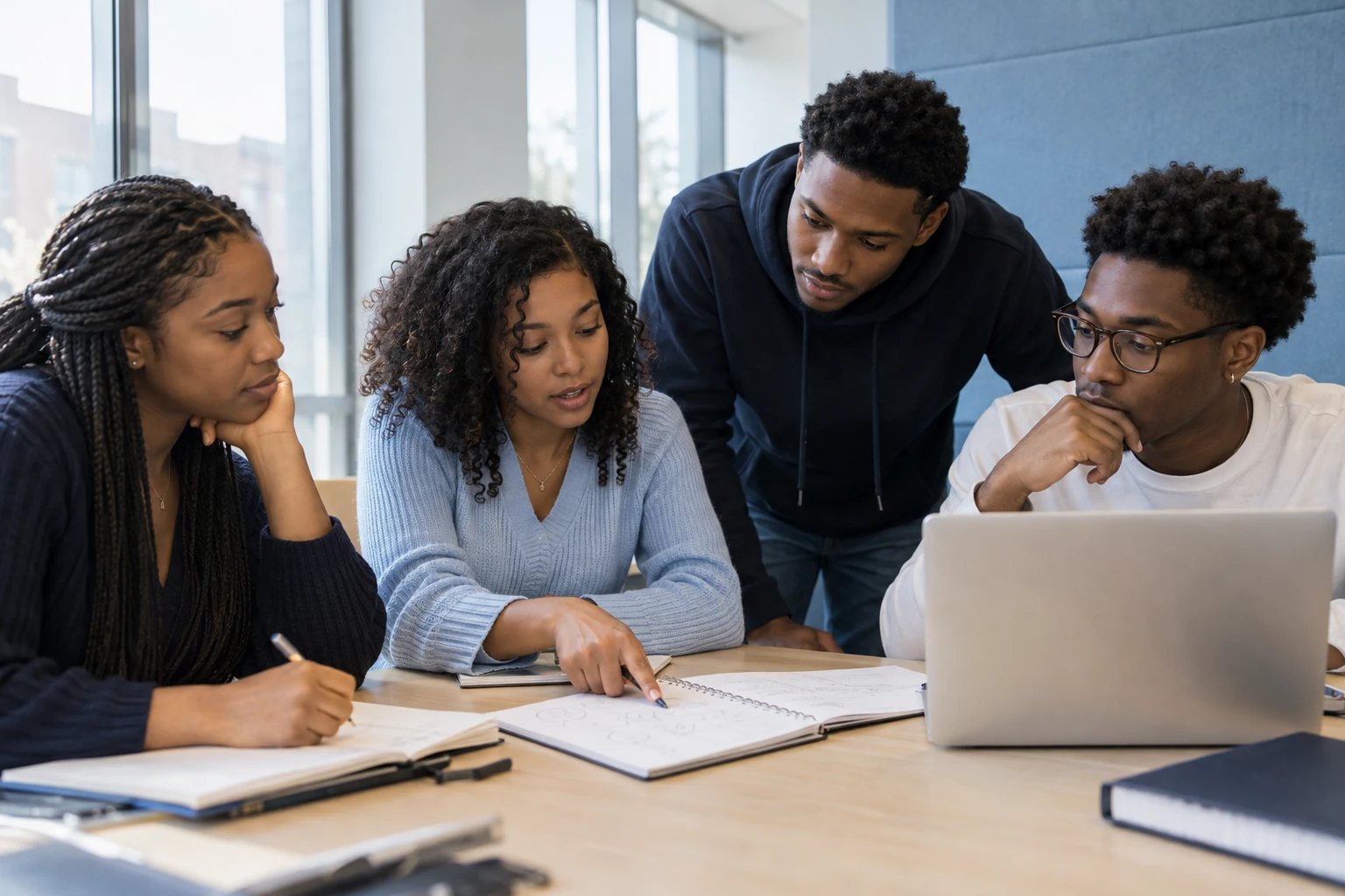 Four African American university students working through a question together around a study table