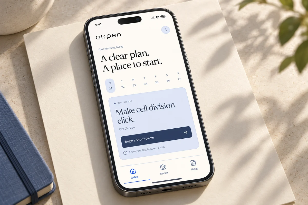 Illustrative Airpen mobile app home screen with a cell division review, shown on a phone beside a blue notebook